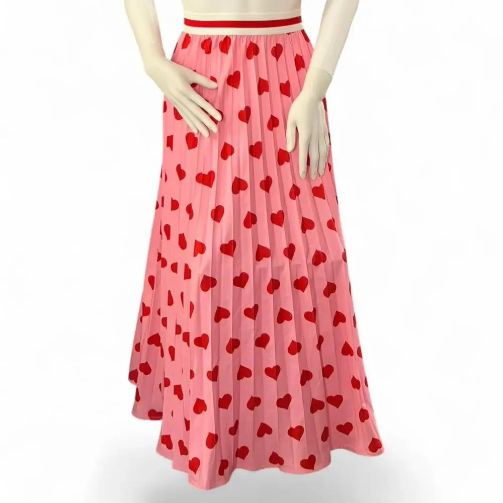 Pink & Red Hearts Pleated Maxi Skirt Elastic Band XL Cutecore Romantic Dopamine